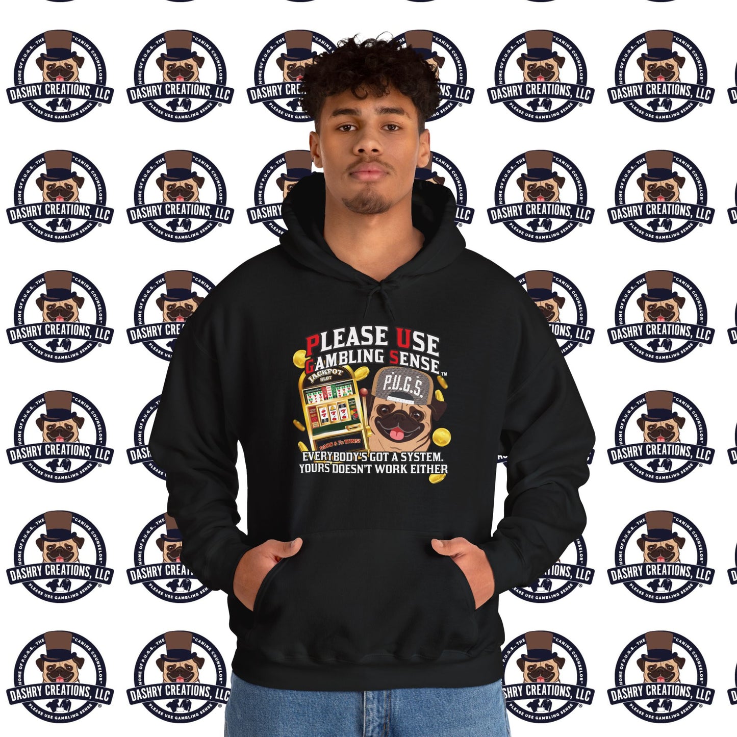 Slots “Everybody’s Got A System” Tan & White Backwards Baseball Cap Unisex Heavy Blend™ Hooded Sweatshirt