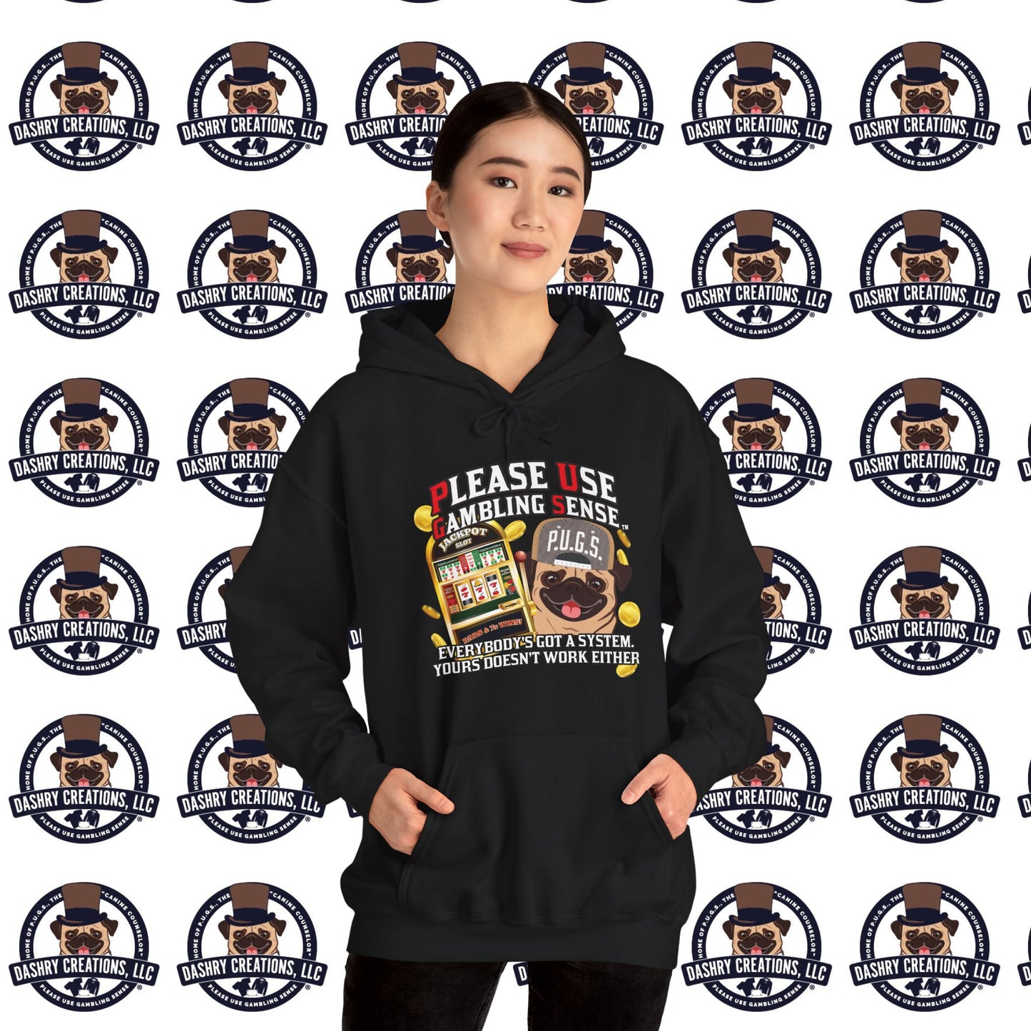 Slots “Everybody’s Got A System” Tan & White Backwards Baseball Cap Unisex Heavy Blend™ Hooded Sweatshirt