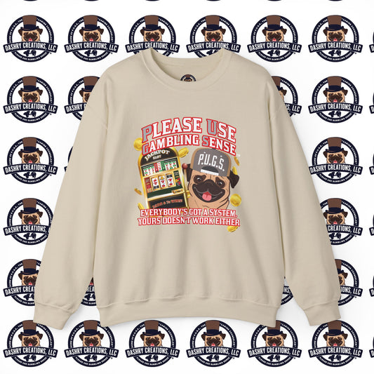 Slots “Everybody’s Got A System” Tan & White Backwards Baseball Cap Unisex Heavy Blend™ Crewneck Sweatshirt