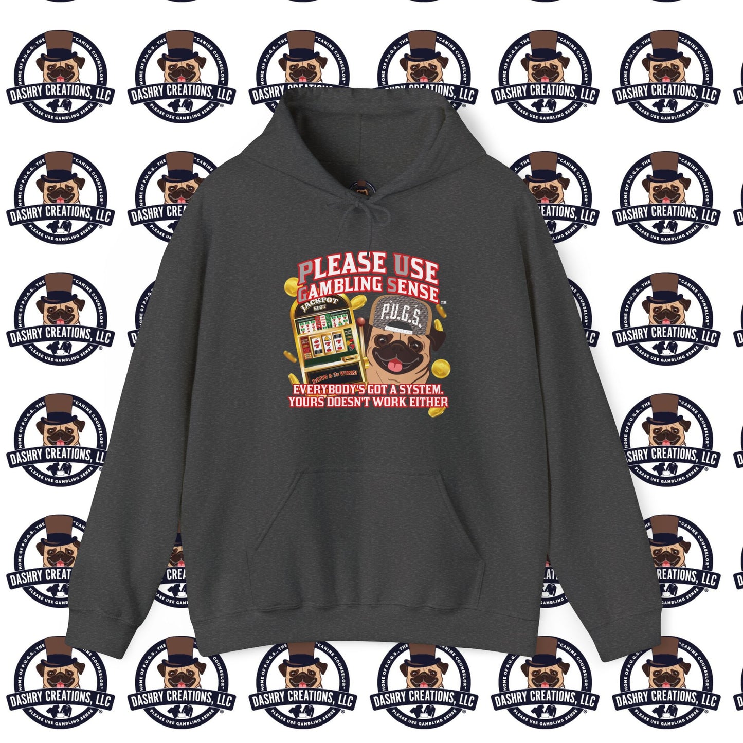 Slots “Everybody’s Got A System” Tan & White Backwards Baseball Cap Unisex Heavy Blend™ Hooded Sweatshirt