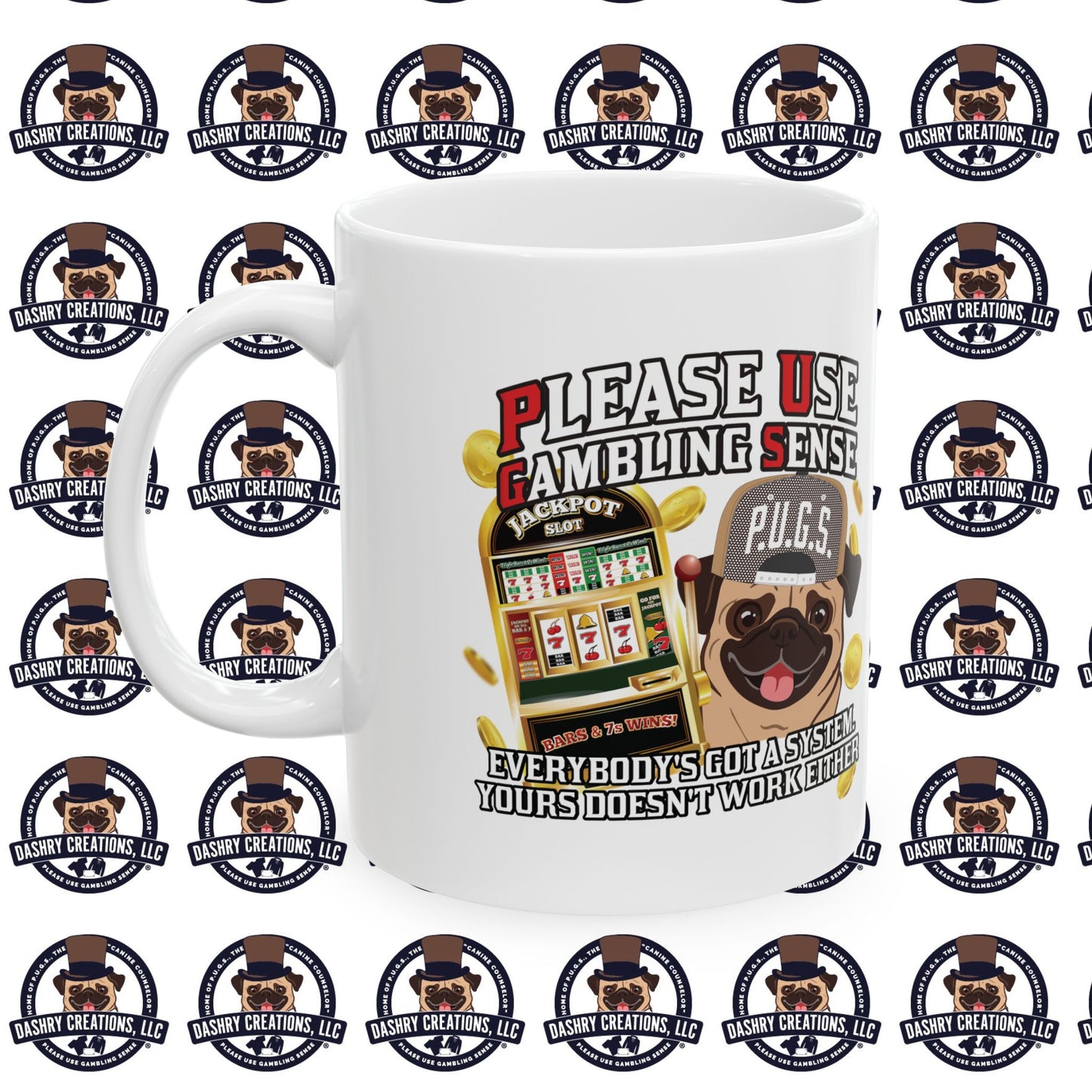 Slots “Everybody’s Got A System” Tan & White Backwards Baseball Cap Ceramic Mug, (11oz, 15oz)