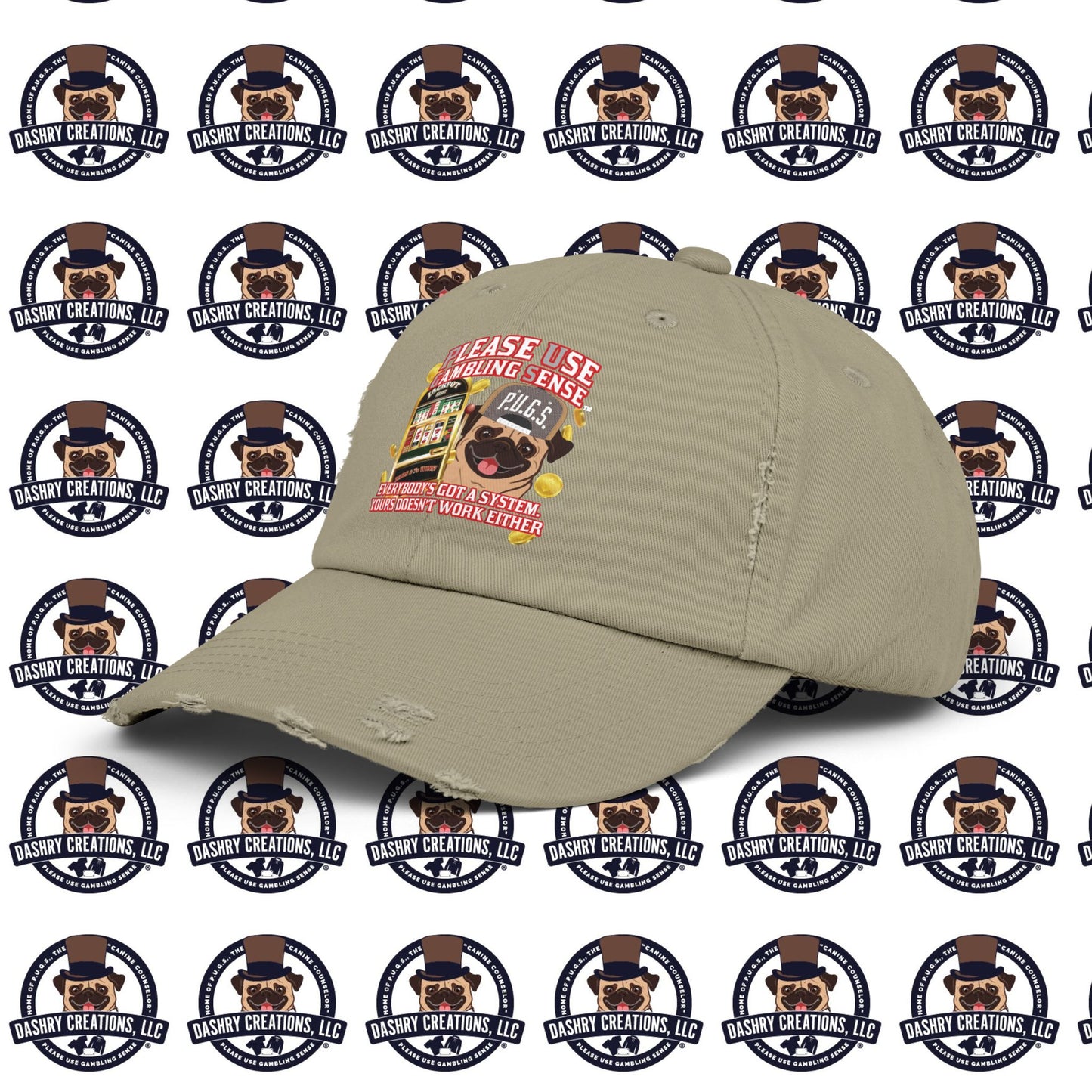 Slots “Everybody’s Got A System” Tan & White Backwards Baseball Cap Unisex Distressed Cap