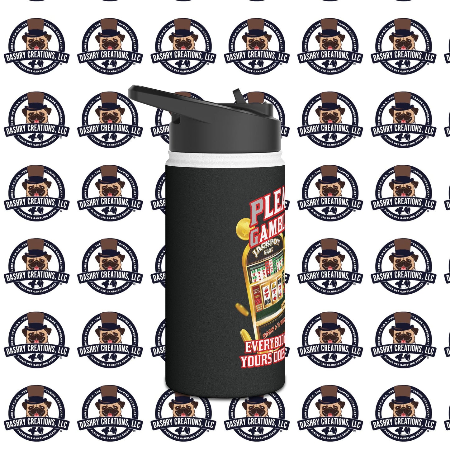 Slots “Everybody’s Got A System” Tan & White Backwards Baseball Cap Stainless Steel Water Bottle, Standard Lid