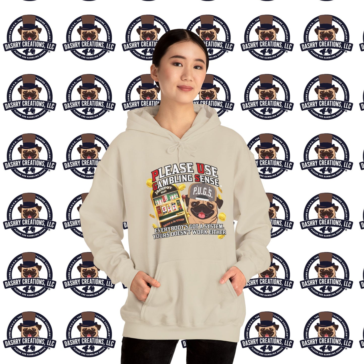 Slots “Everybody’s Got A System” Tan & White Backwards Baseball Cap Unisex Heavy Blend™ Hooded Sweatshirt