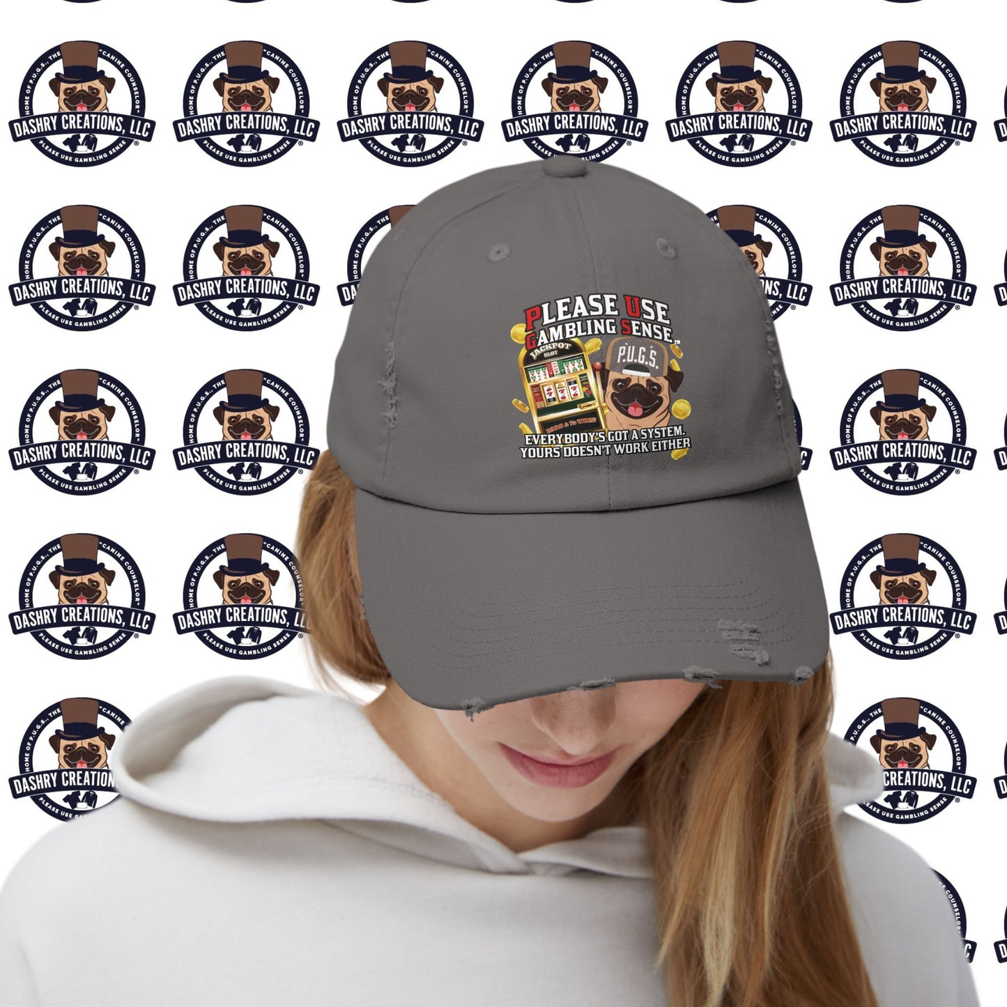 Slots “Everybody’s Got A System” Tan & White Backwards Baseball Cap Unisex Distressed Cap