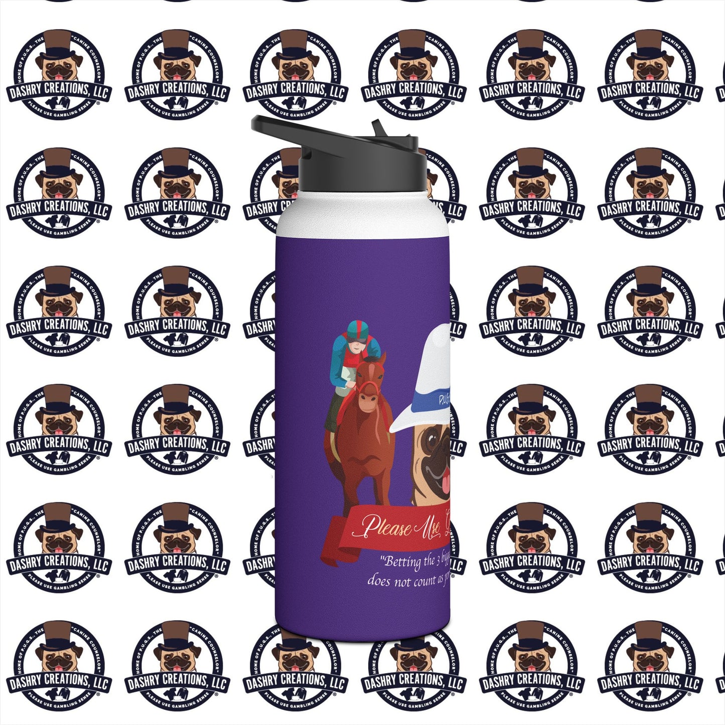 Horse Racing “Portfolio Diversification” White with Blue Band Men’s Fedora Hat Stainless Steel Water Bottle, Standard Lid
