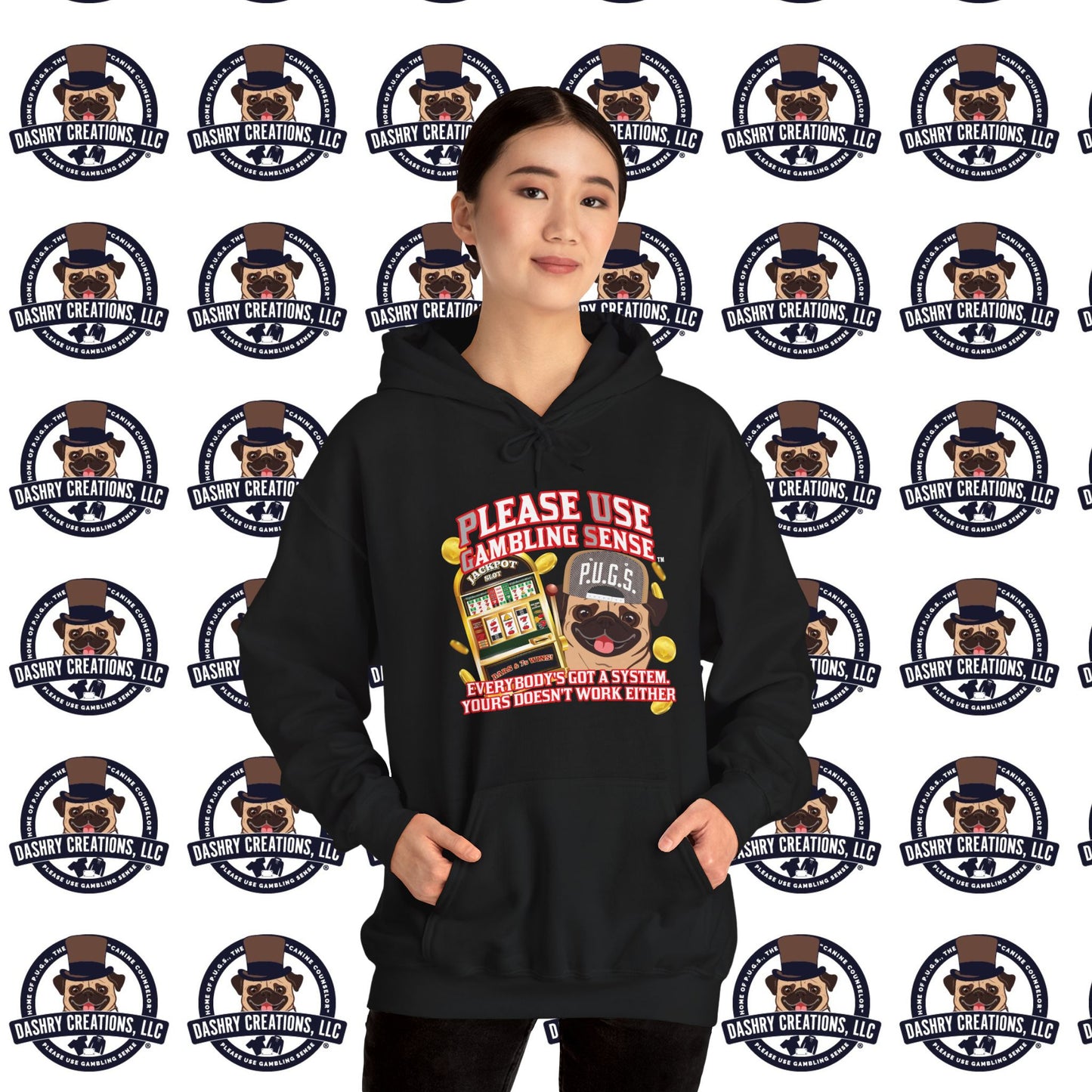 Slots “Everybody’s Got A System” Tan & White Backwards Baseball Cap Unisex Heavy Blend™ Hooded Sweatshirt
