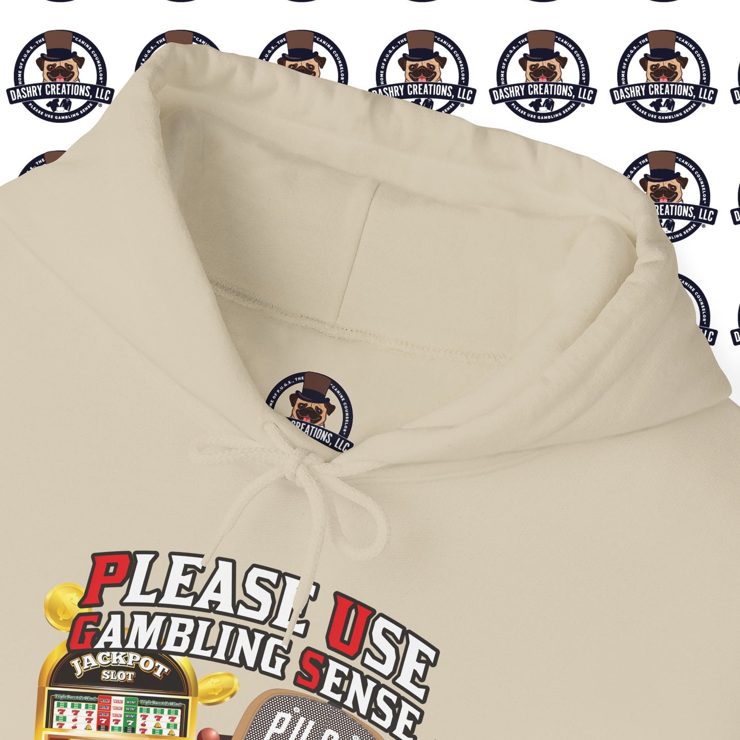 Slots “Everybody’s Got A System” Tan & White Backwards Baseball Cap Unisex Heavy Blend™ Hooded Sweatshirt