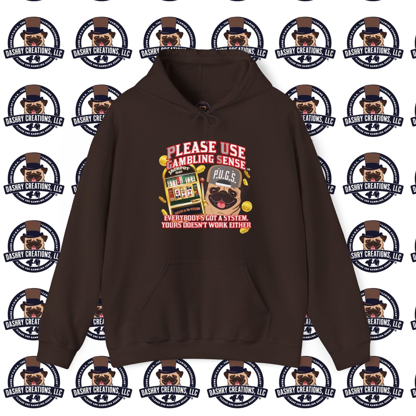 Slots “Everybody’s Got A System” Tan & White Backwards Baseball Cap Unisex Heavy Blend™ Hooded Sweatshirt