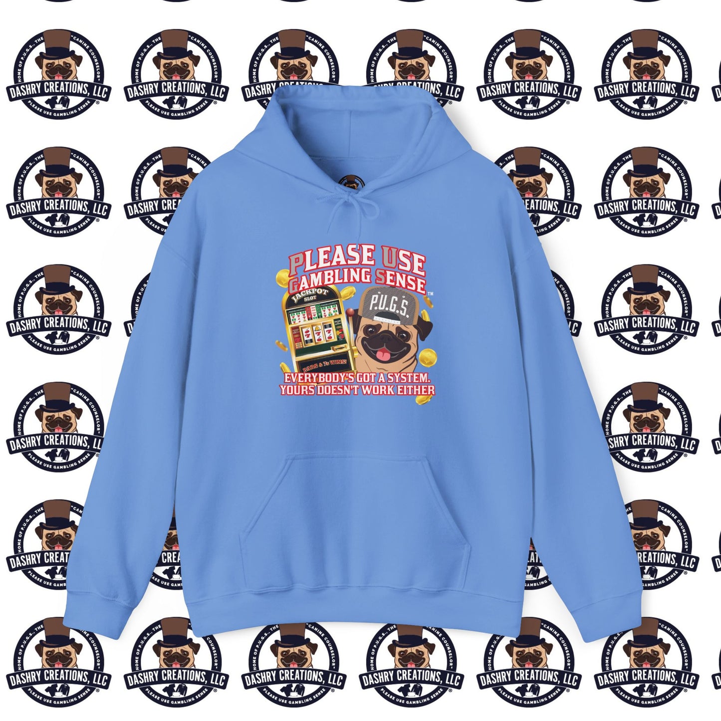 Slots “Everybody’s Got A System” Tan & White Backwards Baseball Cap Unisex Heavy Blend™ Hooded Sweatshirt