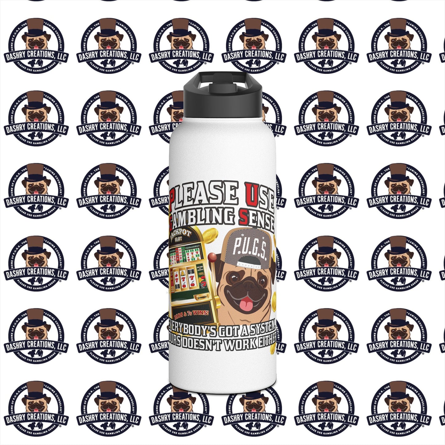 Slots “Everybody’s Got A System” Tan & White Backwards Baseball Cap Stainless Steel Water Bottle, Standard Lid