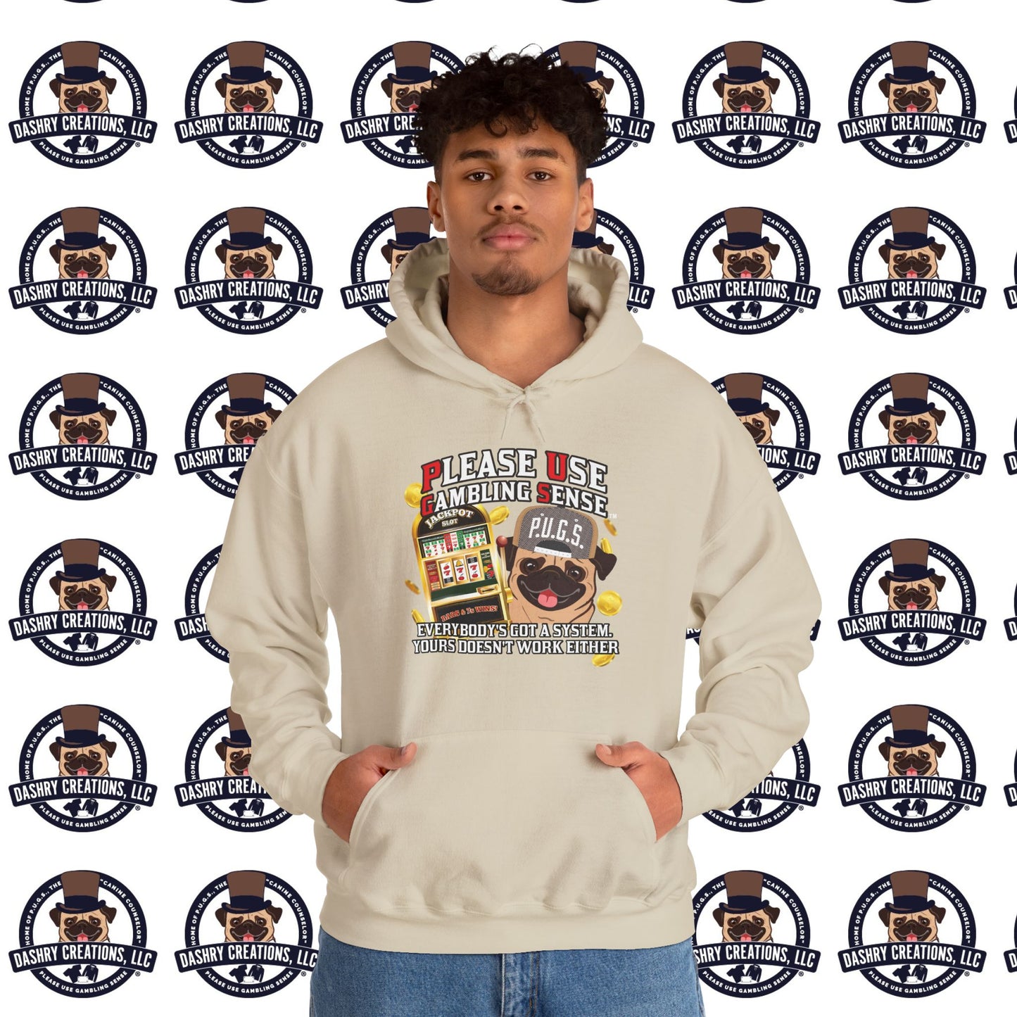 Slots “Everybody’s Got A System” Tan & White Backwards Baseball Cap Unisex Heavy Blend™ Hooded Sweatshirt