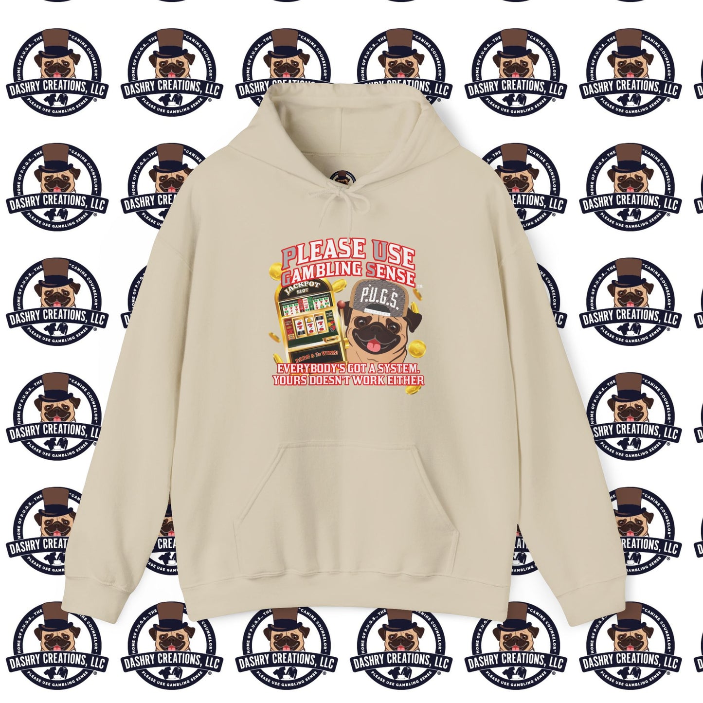 Slots “Everybody’s Got A System” Tan & White Backwards Baseball Cap Unisex Heavy Blend™ Hooded Sweatshirt