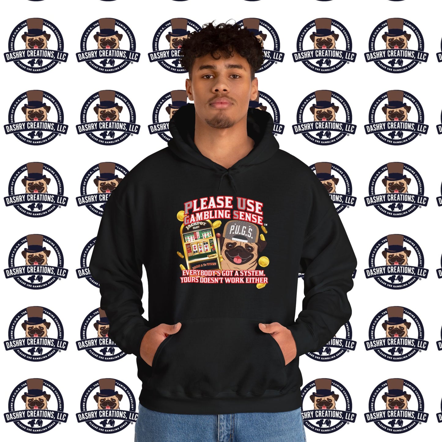 Slots “Everybody’s Got A System” Tan & White Backwards Baseball Cap Unisex Heavy Blend™ Hooded Sweatshirt