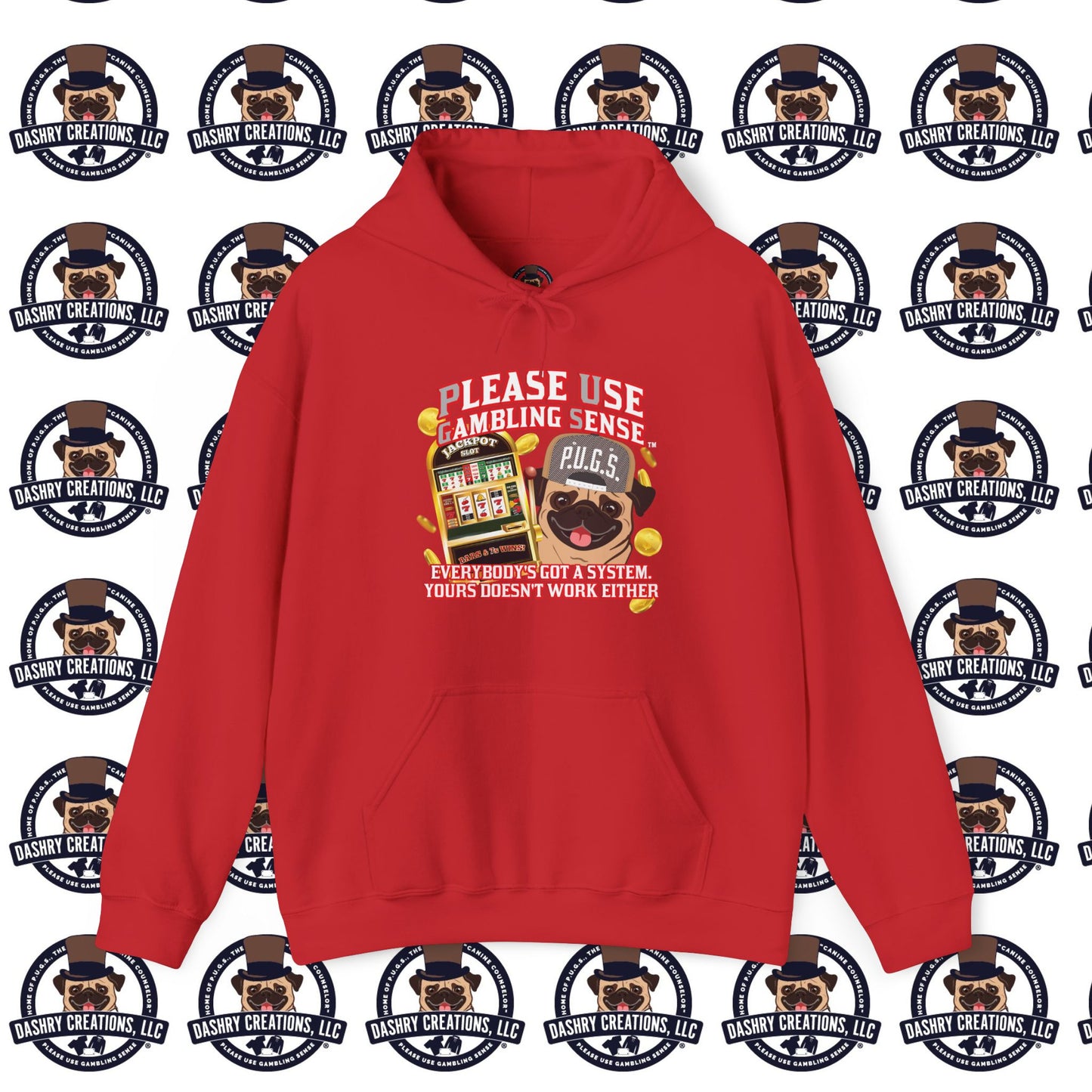 Slots “Everybody’s Got A System” Tan & White Backwards Baseball Cap Unisex Heavy Blend™ Hooded Sweatshirt