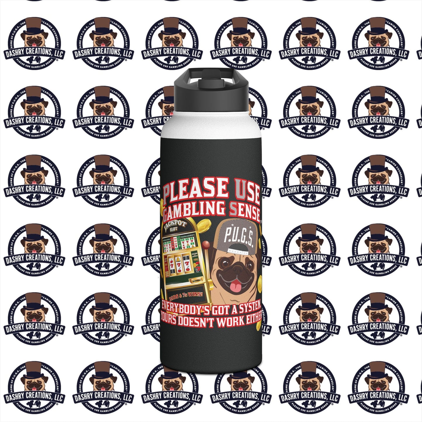 Slots “Everybody’s Got A System” Tan & White Backwards Baseball Cap Stainless Steel Water Bottle, Standard Lid