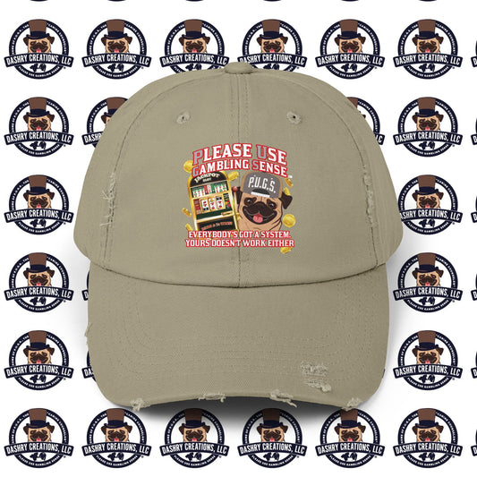 Slots “Everybody’s Got A System” Tan & White Backwards Baseball Cap Unisex Distressed Cap