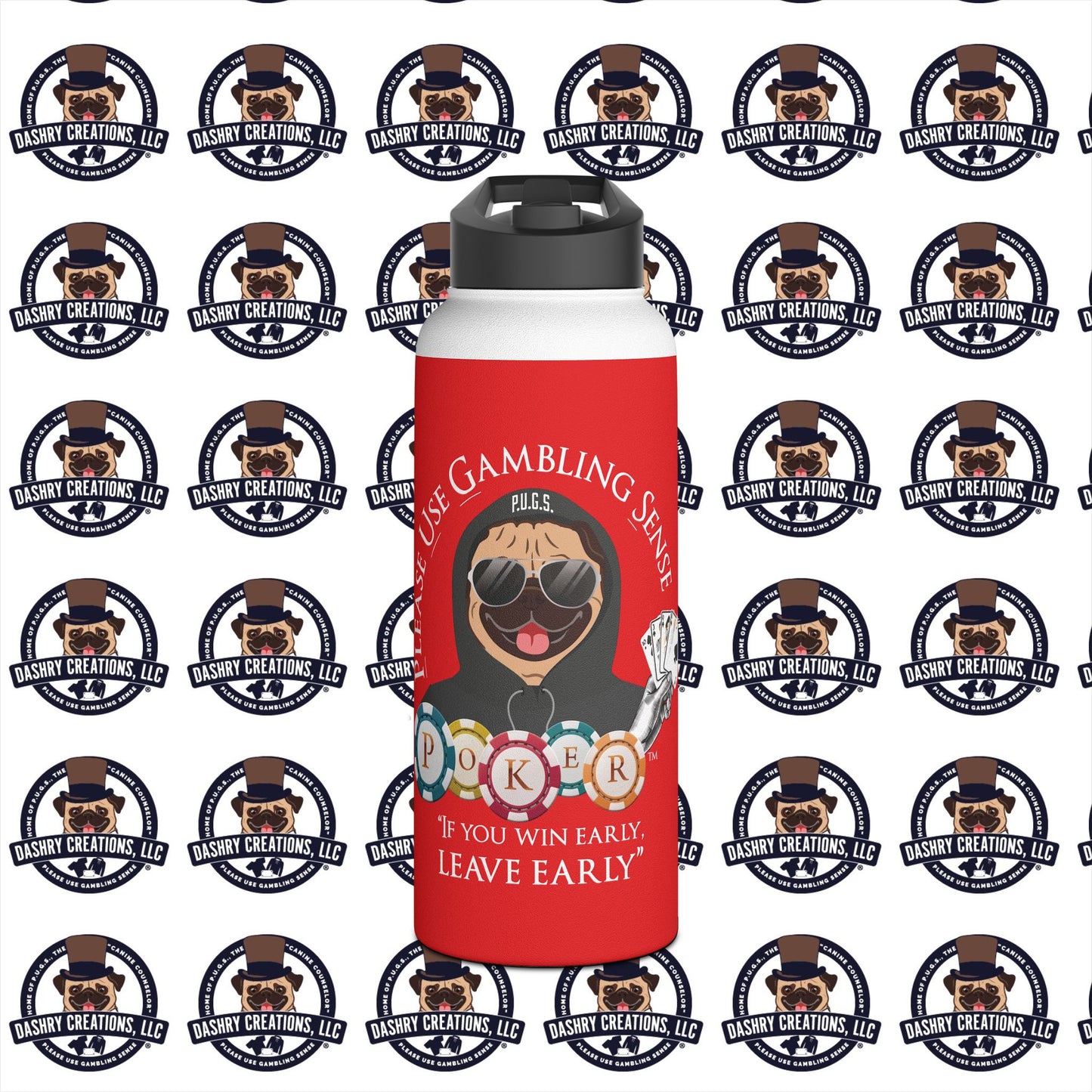 Poker “Win Early Leave” Early Black Hoodie Stainless Steel Water Bottle, Standard Lid