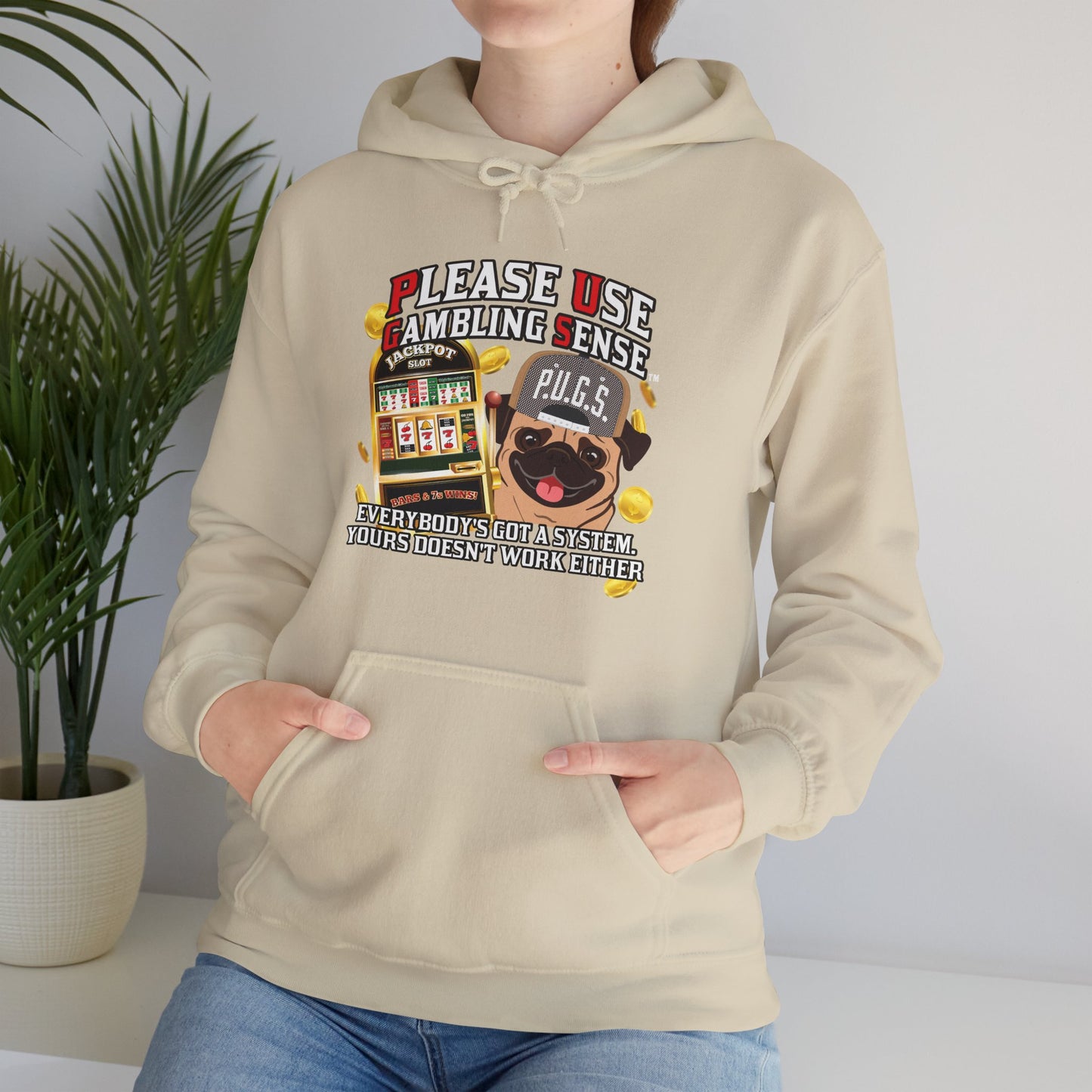 Slots “Everybody’s Got A System” Tan & White Backwards Baseball Cap Unisex Heavy Blend™ Hooded Sweatshirt