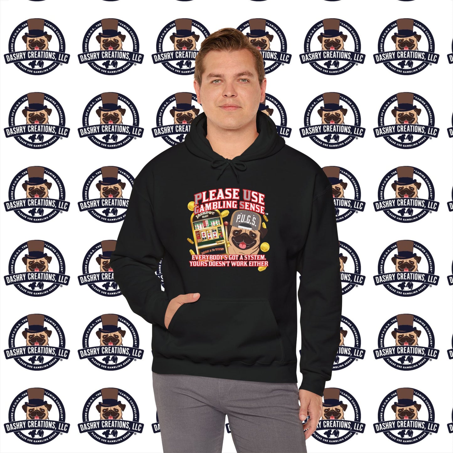 Slots “Everybody’s Got A System” Tan & White Backwards Baseball Cap Unisex Heavy Blend™ Hooded Sweatshirt