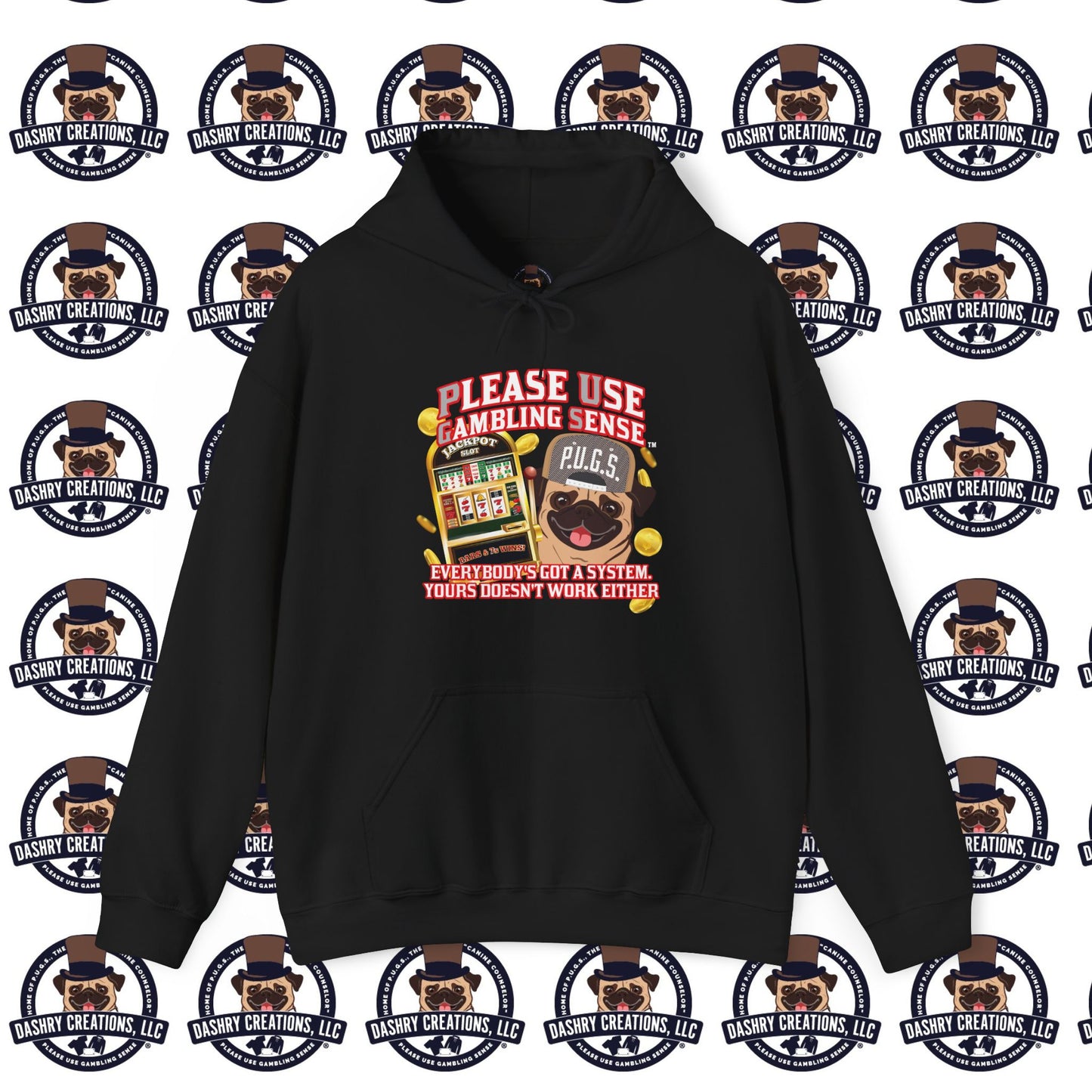Slots “Everybody’s Got A System” Tan & White Backwards Baseball Cap Unisex Heavy Blend™ Hooded Sweatshirt