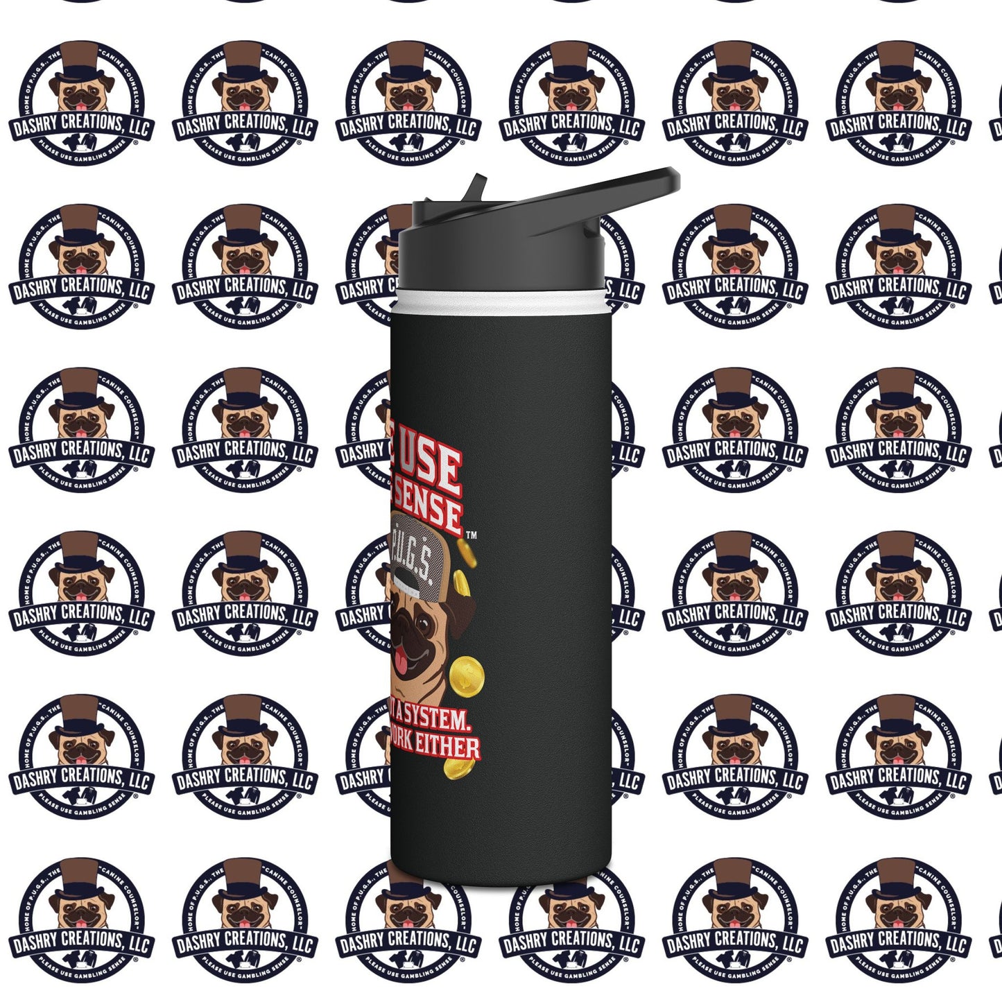 Slots “Everybody’s Got A System” Tan & White Backwards Baseball Cap Stainless Steel Water Bottle, Standard Lid