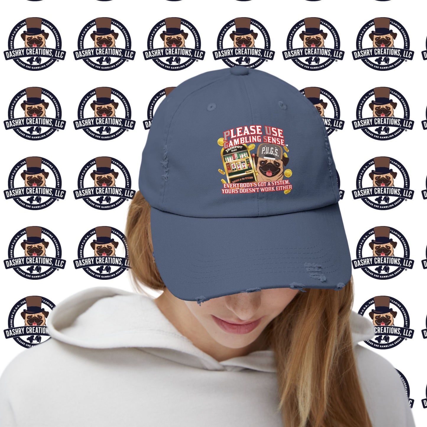 Slots “Everybody’s Got A System” Tan & White Backwards Baseball Cap Unisex Distressed Cap