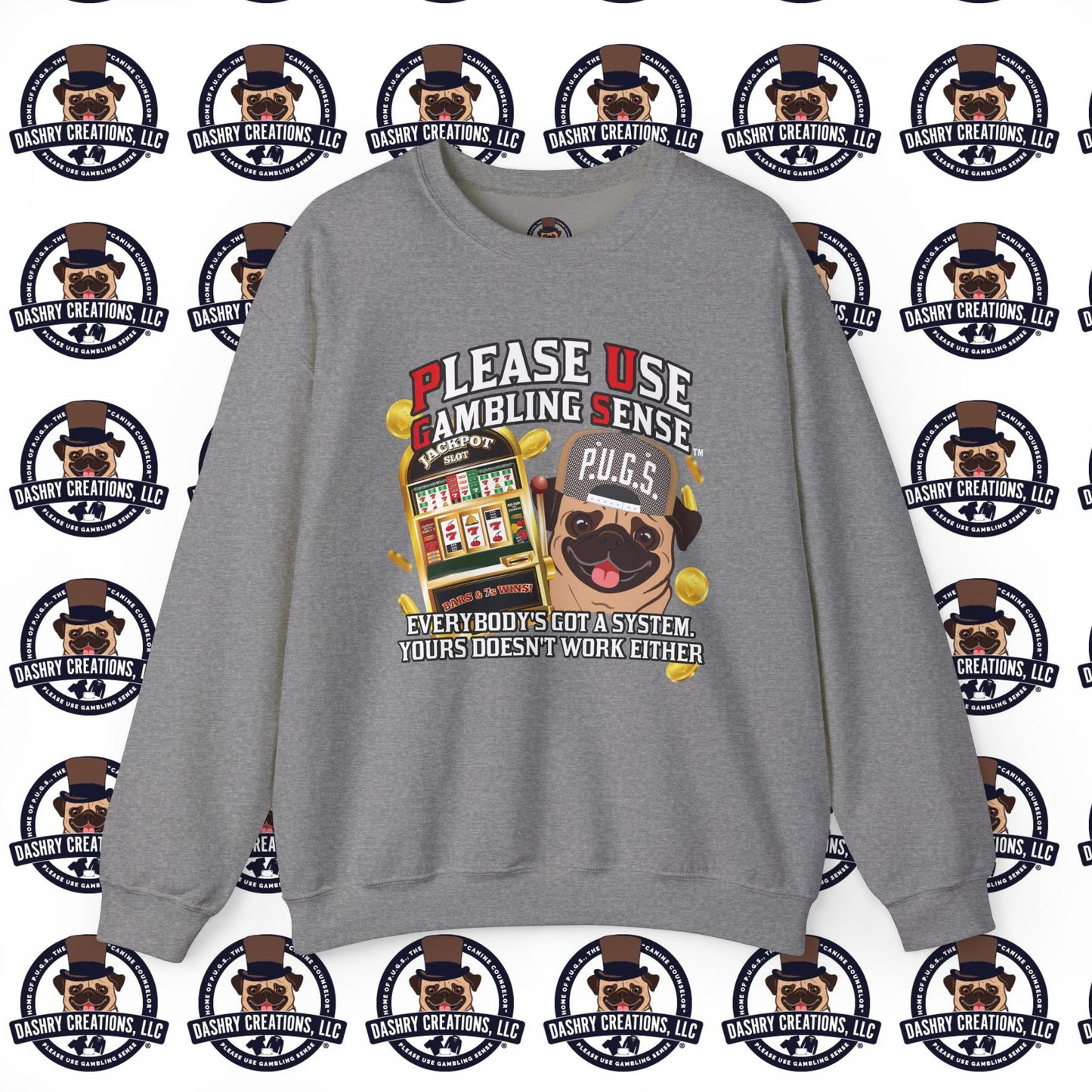 Slots “Everybody’s Got A System” Tan & White Backwards Baseball Cap Unisex Heavy Blend™ Crewneck Sweatshirt