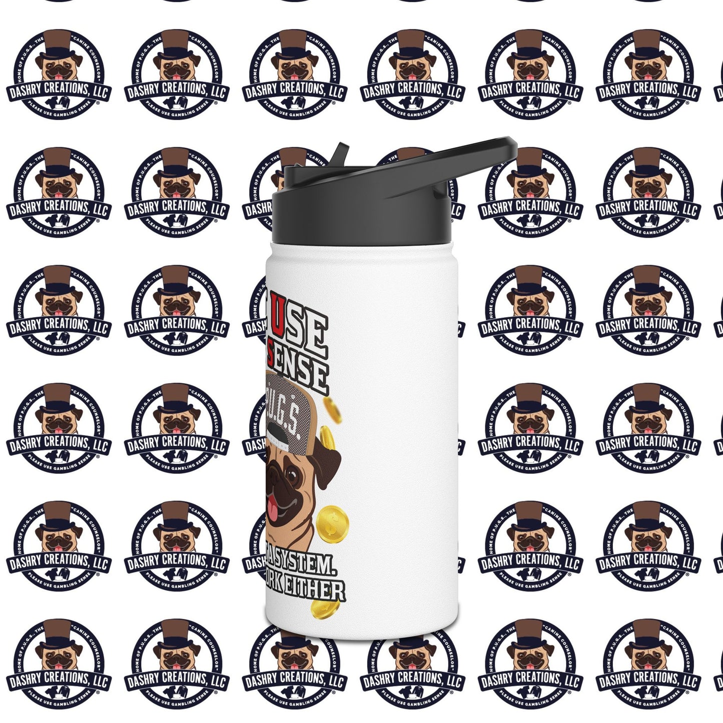 Slots “Everybody’s Got A System” Tan & White Backwards Baseball Cap Stainless Steel Water Bottle, Standard Lid