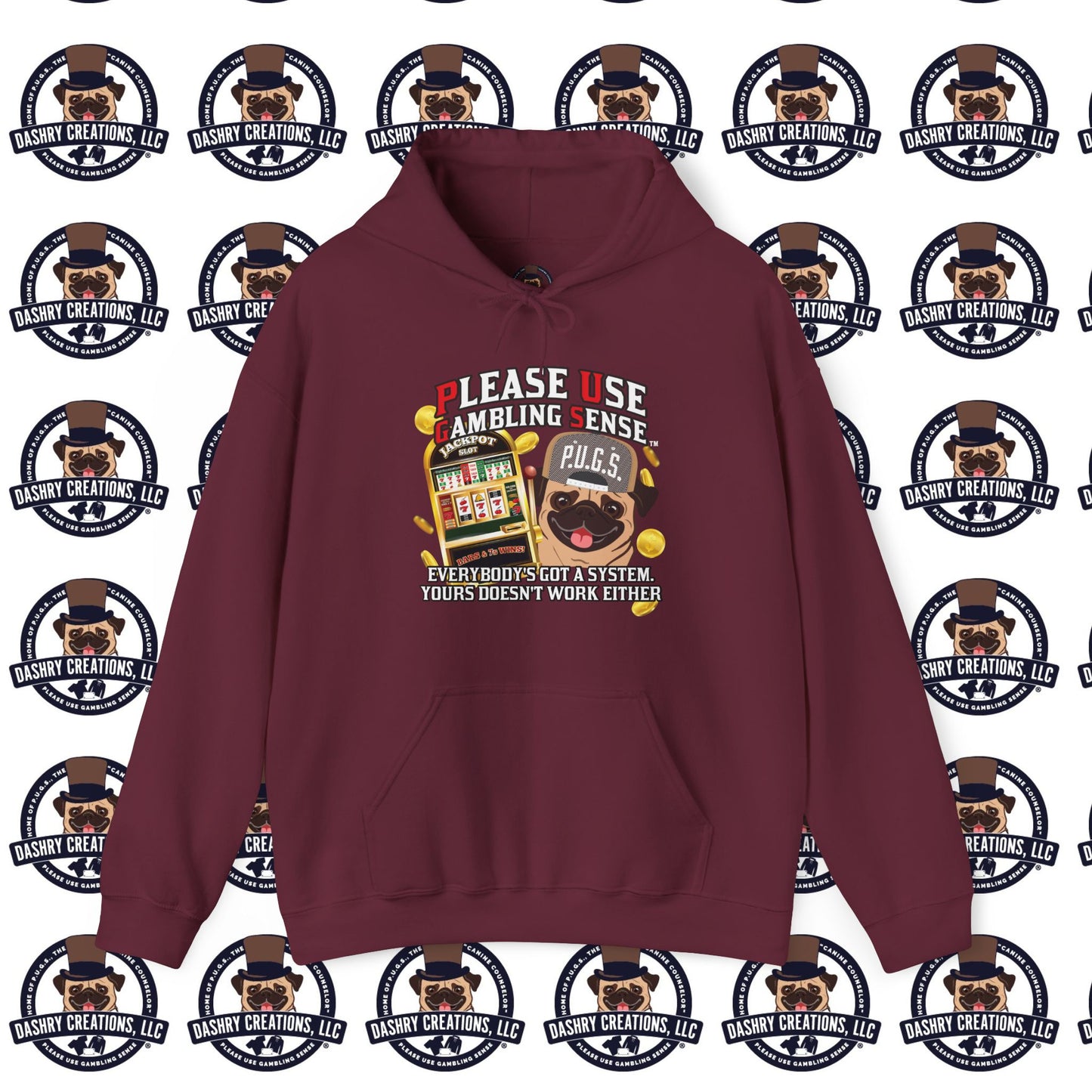 Slots “Everybody’s Got A System” Tan & White Backwards Baseball Cap Unisex Heavy Blend™ Hooded Sweatshirt