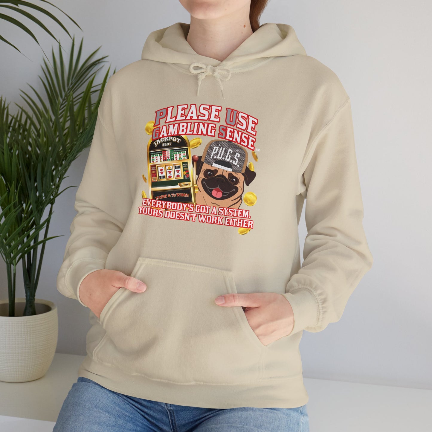Slots “Everybody’s Got A System” Tan & White Backwards Baseball Cap Unisex Heavy Blend™ Hooded Sweatshirt