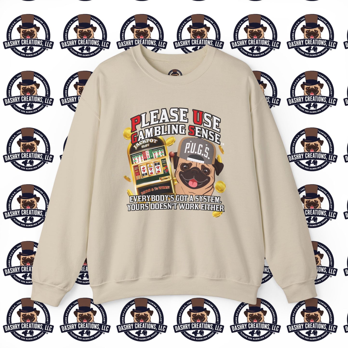 Slots “Everybody’s Got A System” Tan & White Backwards Baseball Cap Unisex Heavy Blend™ Crewneck Sweatshirt