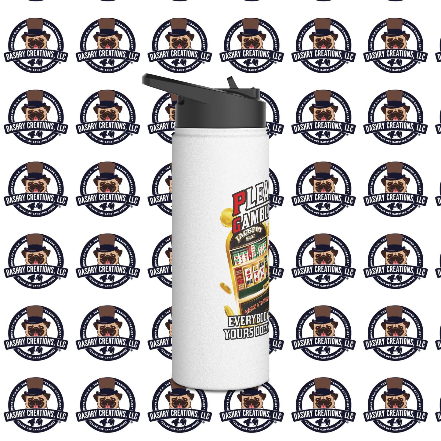 Slots “Everybody’s Got A System” Tan & White Backwards Baseball Cap Stainless Steel Water Bottle, Standard Lid