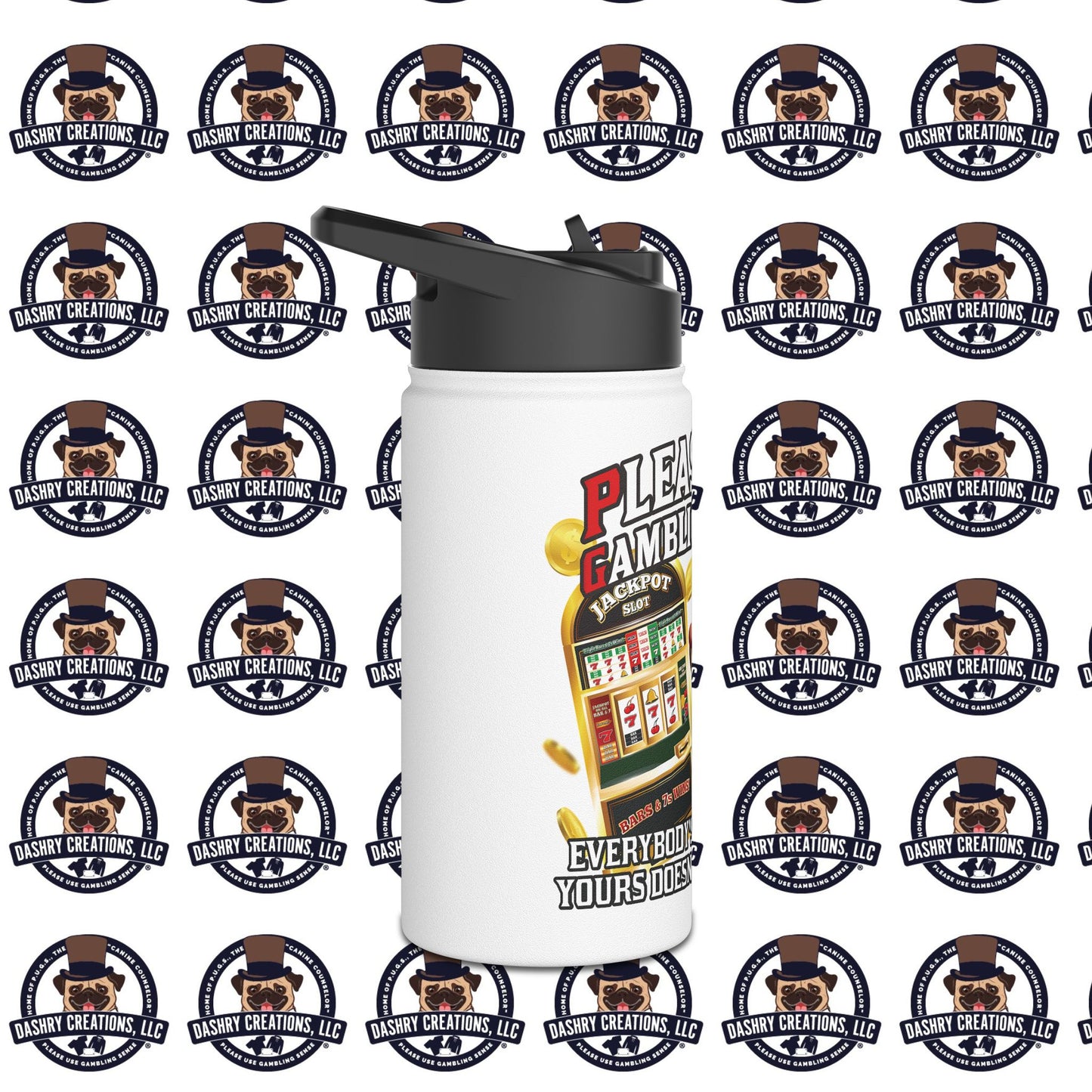 Slots “Everybody’s Got A System” Tan & White Backwards Baseball Cap Stainless Steel Water Bottle, Standard Lid