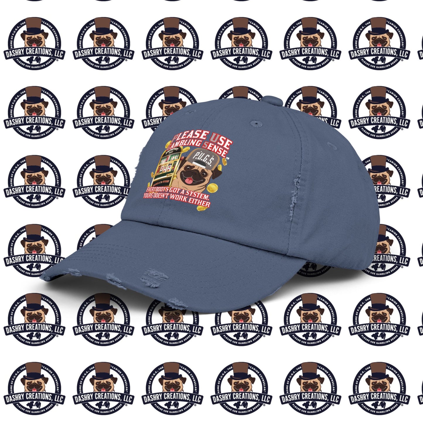 Slots “Everybody’s Got A System” Tan & White Backwards Baseball Cap Unisex Distressed Cap