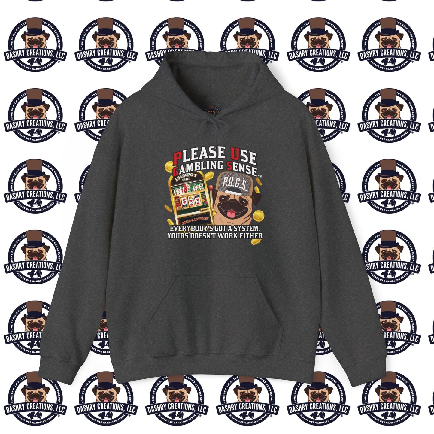 Slots “Everybody’s Got A System” Tan & White Backwards Baseball Cap Unisex Heavy Blend™ Hooded Sweatshirt