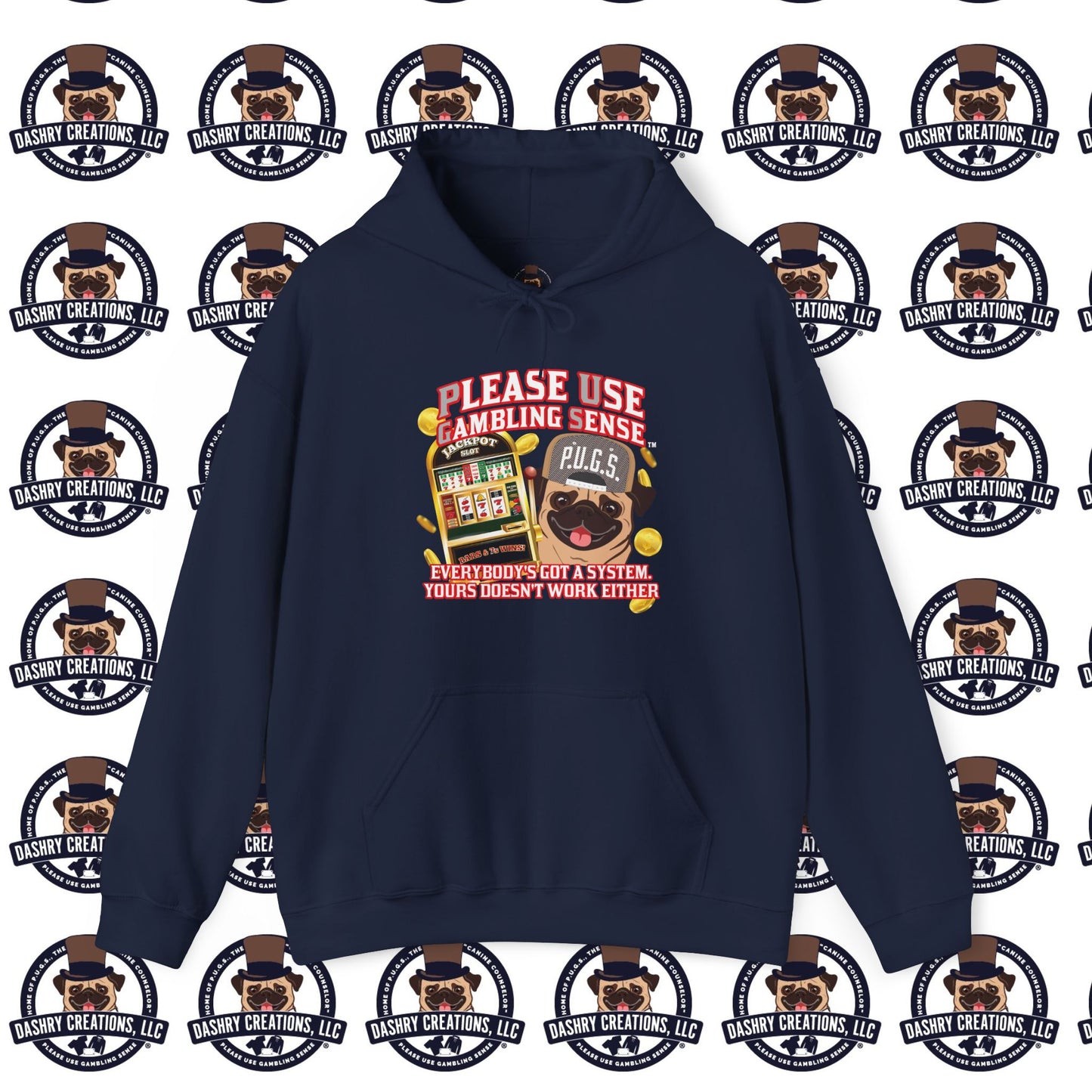 Slots “Everybody’s Got A System” Tan & White Backwards Baseball Cap Unisex Heavy Blend™ Hooded Sweatshirt