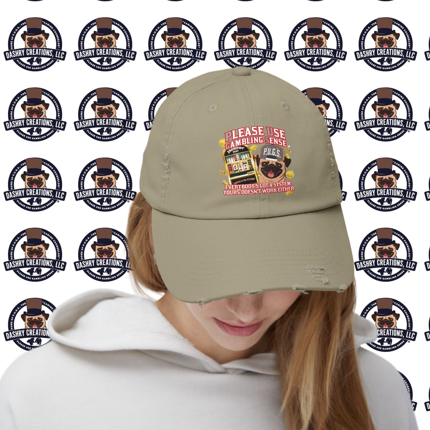 Slots “Everybody’s Got A System” Tan & White Backwards Baseball Cap Unisex Distressed Cap