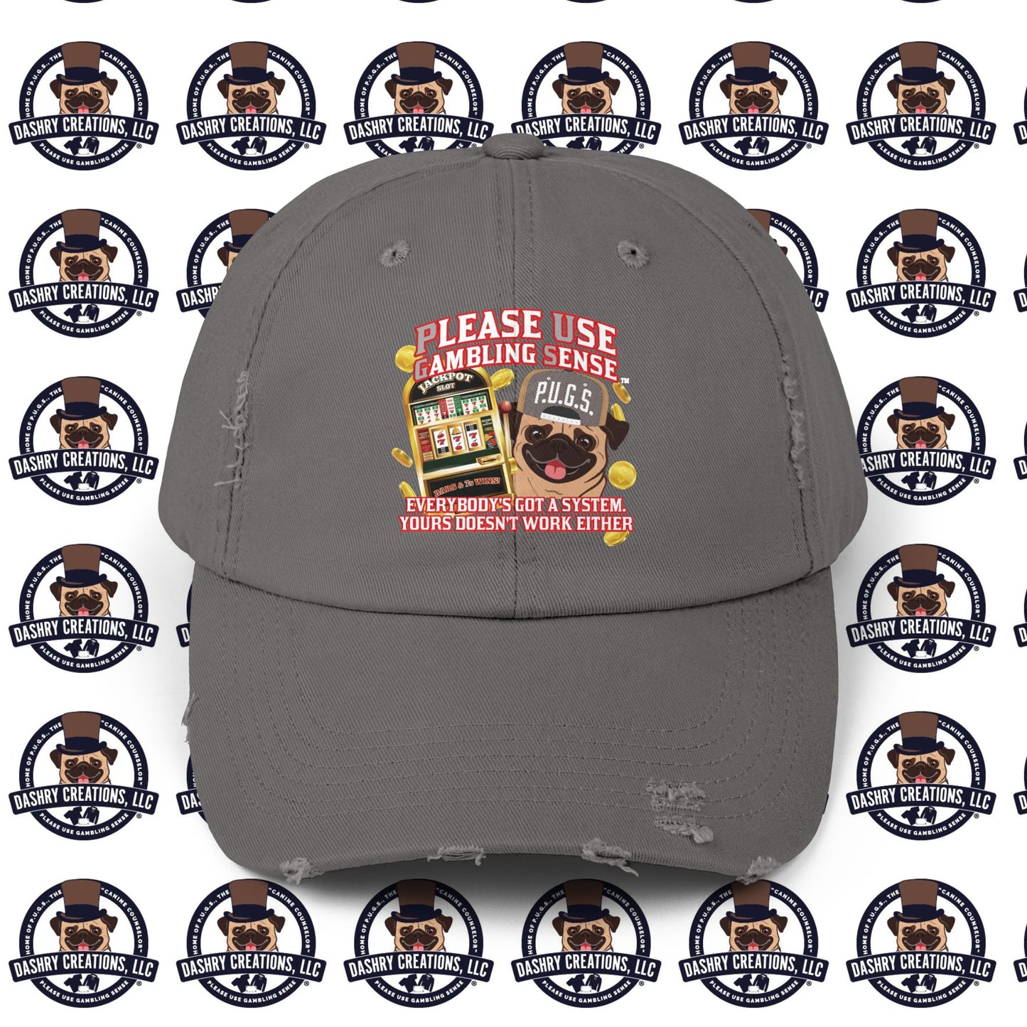 Slots “Everybody’s Got A System” Tan & White Backwards Baseball Cap Unisex Distressed Cap