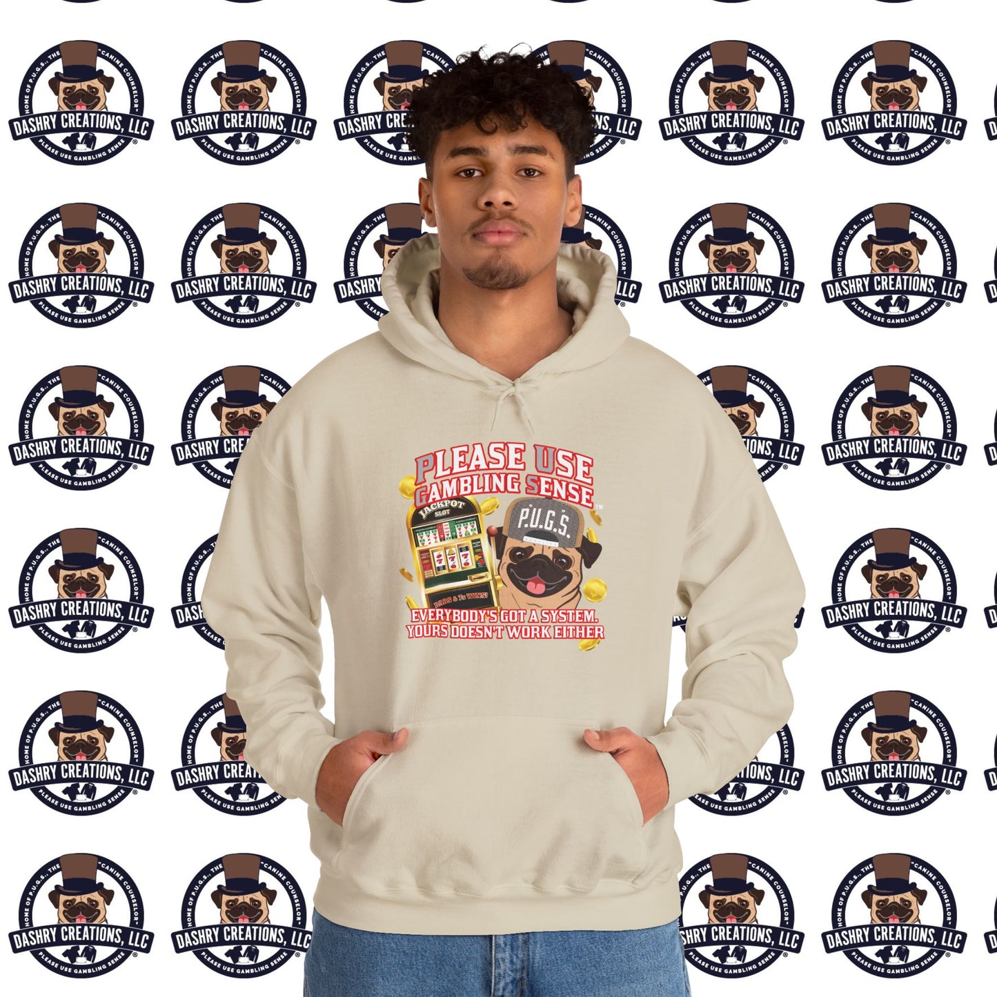 Slots “Everybody’s Got A System” Tan & White Backwards Baseball Cap Unisex Heavy Blend™ Hooded Sweatshirt