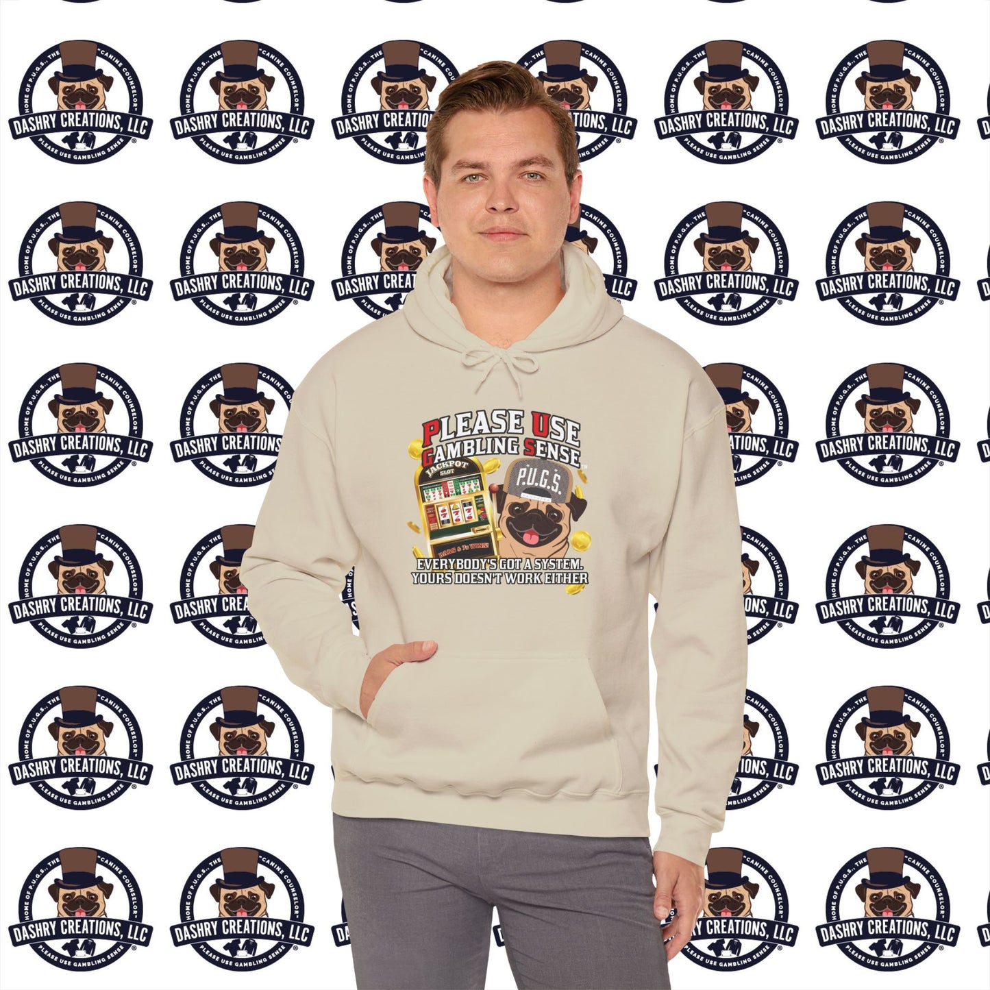 Slots “Everybody’s Got A System” Tan & White Backwards Baseball Cap Unisex Heavy Blend™ Hooded Sweatshirt