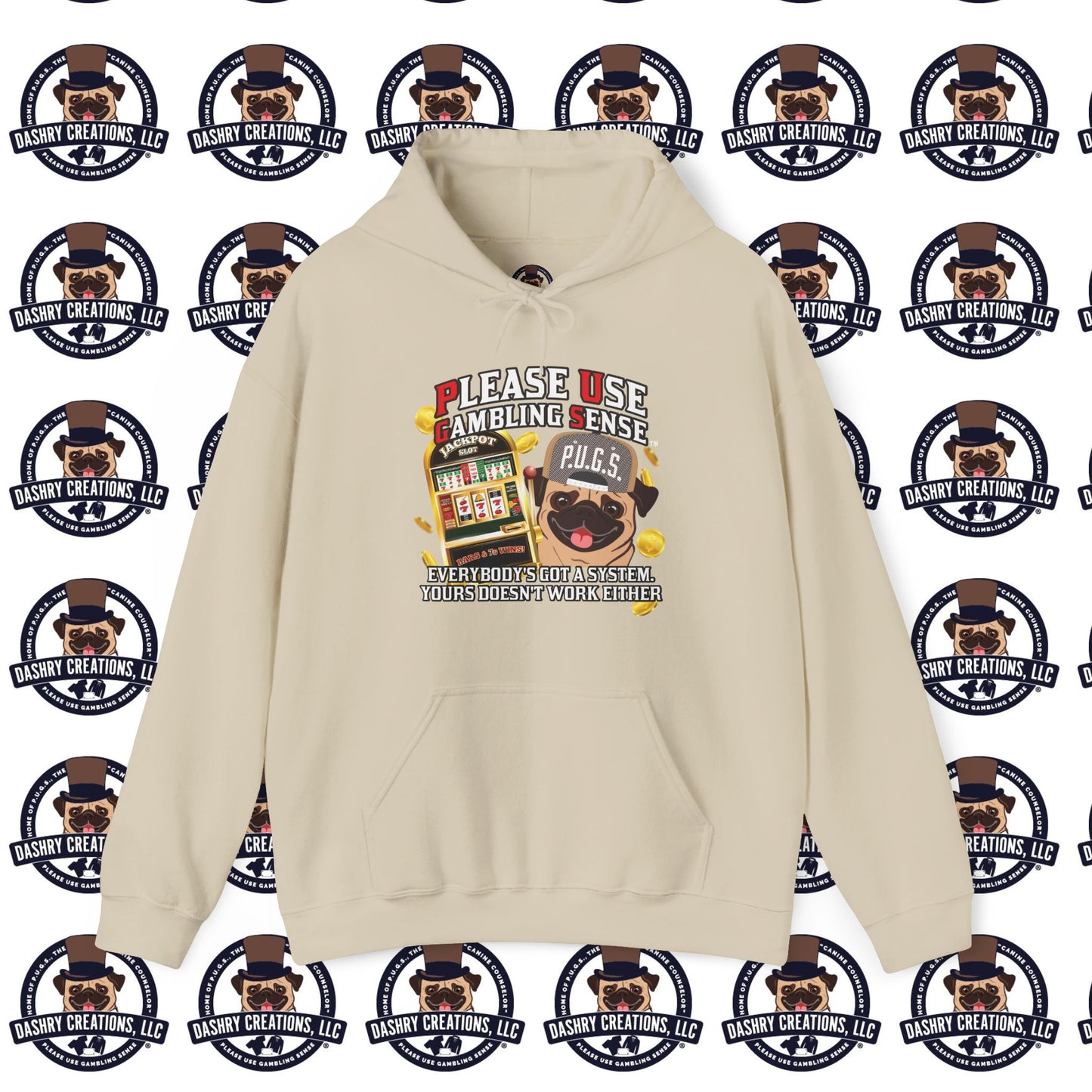 Slots “Everybody’s Got A System” Tan & White Backwards Baseball Cap Unisex Heavy Blend™ Hooded Sweatshirt