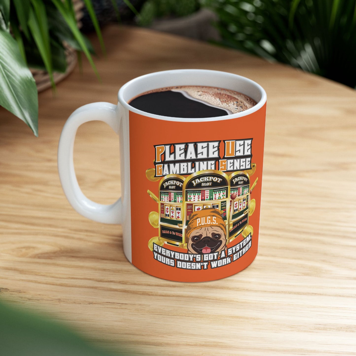 Slots “Everybody’s Got A System” Orange Wool Cap Ceramic Mug, (11oz, 15oz)