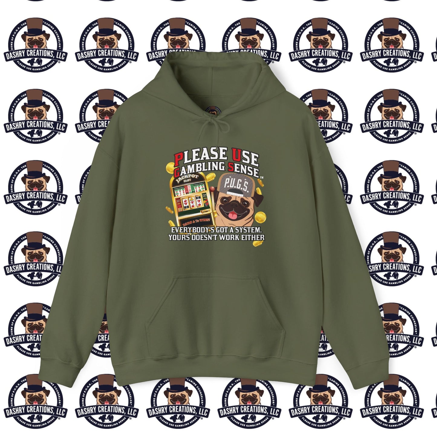 Slots “Everybody’s Got A System” Tan & White Backwards Baseball Cap Unisex Heavy Blend™ Hooded Sweatshirt