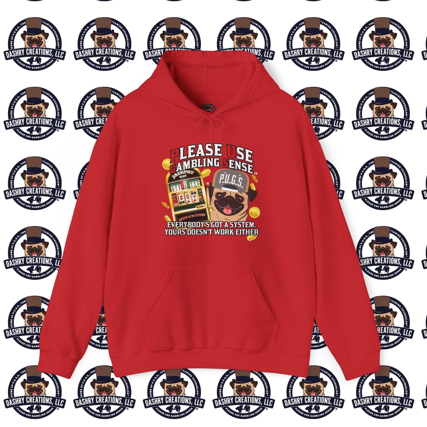 Slots “Everybody’s Got A System” Tan & White Backwards Baseball Cap Unisex Heavy Blend™ Hooded Sweatshirt