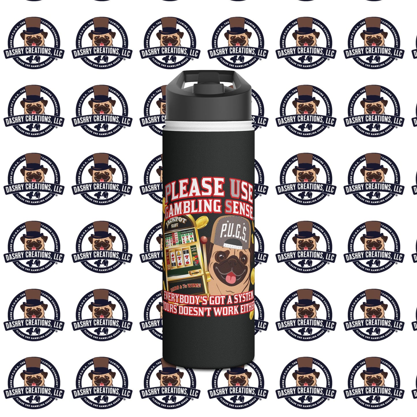 Slots “Everybody’s Got A System” Tan & White Backwards Baseball Cap Stainless Steel Water Bottle, Standard Lid