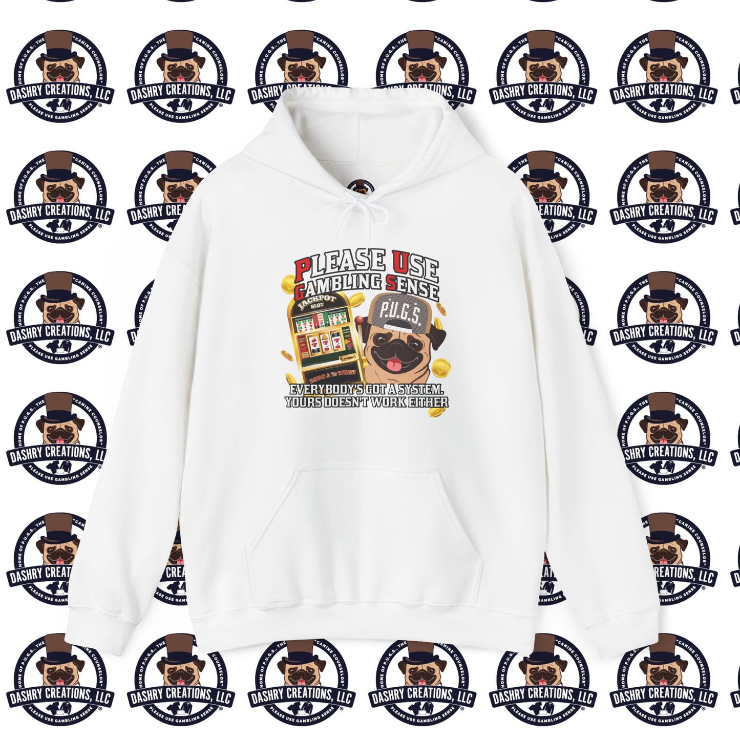 Slots “Everybody’s Got A System” Tan & White Backwards Baseball Cap Unisex Heavy Blend™ Hooded Sweatshirt