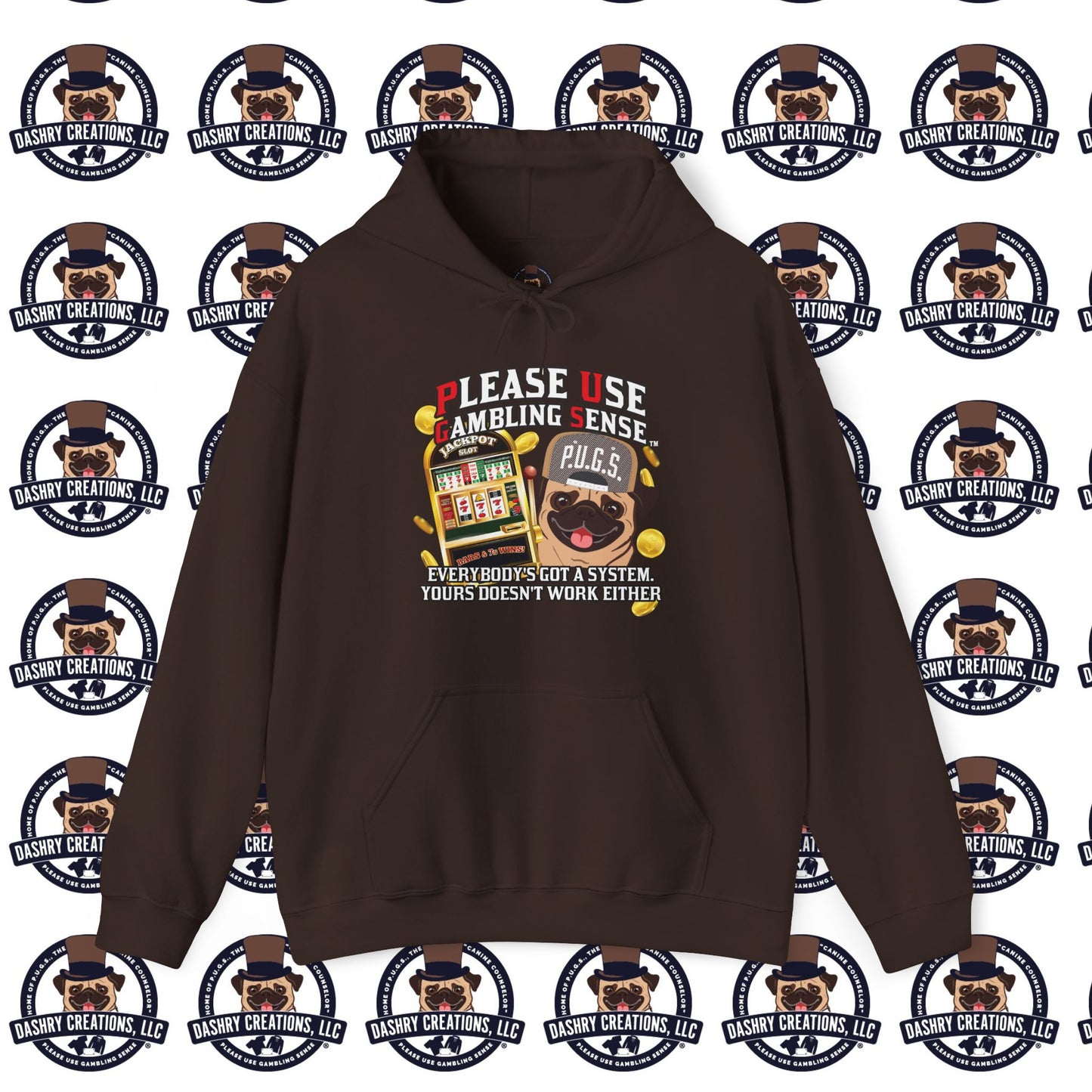 Slots “Everybody’s Got A System” Tan & White Backwards Baseball Cap Unisex Heavy Blend™ Hooded Sweatshirt