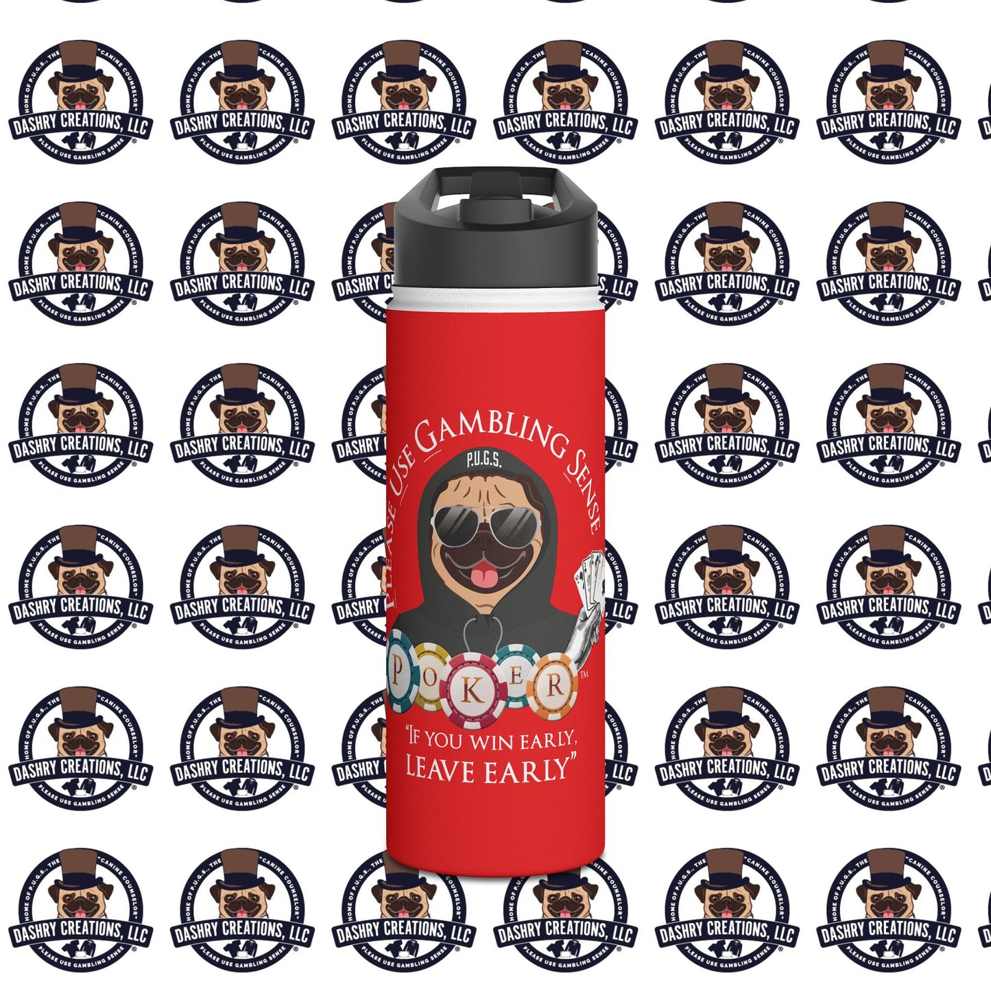 Poker “Win Early Leave” Early Black Hoodie Stainless Steel Water Bottle, Standard Lid