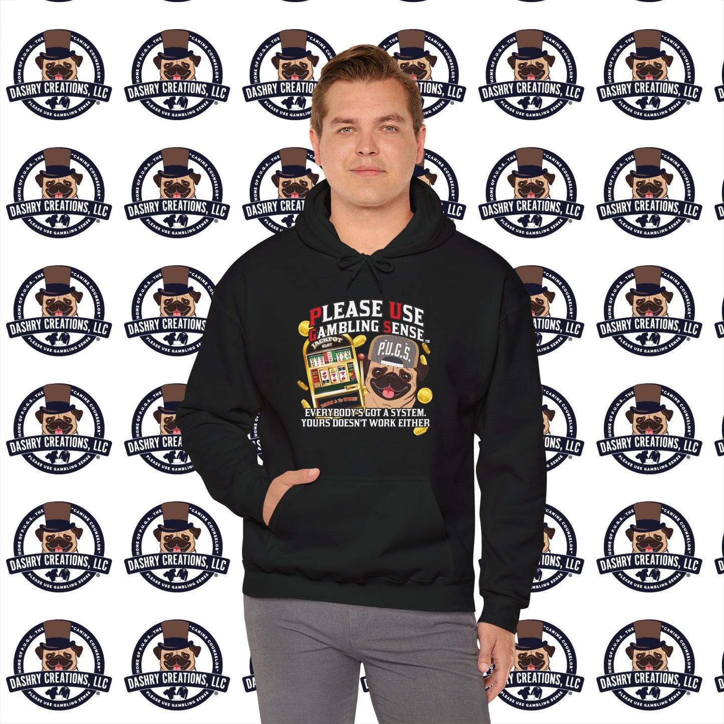 Slots “Everybody’s Got A System” Tan & White Backwards Baseball Cap Unisex Heavy Blend™ Hooded Sweatshirt